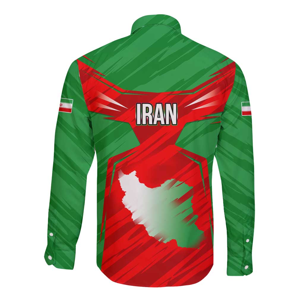 Iran National Pride Long Sleeve Button Shirt with Bold Lion Crest and Country Silhouette