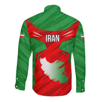 Iran National Pride Long Sleeve Button Shirt with Bold Lion Crest and Country Silhouette