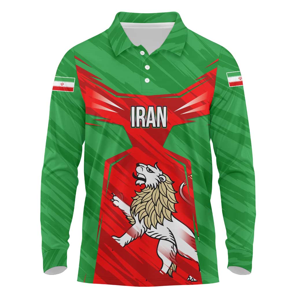 Iran National Pride Long Sleeve Polo Shirt with Bold Lion Crest and Country Silhouette
