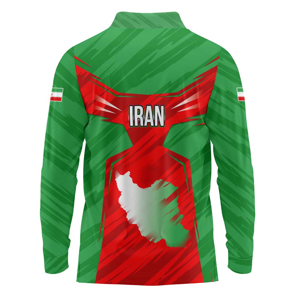 Iran National Pride Long Sleeve Polo Shirt with Bold Lion Crest and Country Silhouette