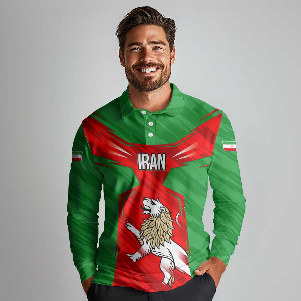 Iran National Pride Long Sleeve Polo Shirt with Bold Lion Crest and Country Silhouette