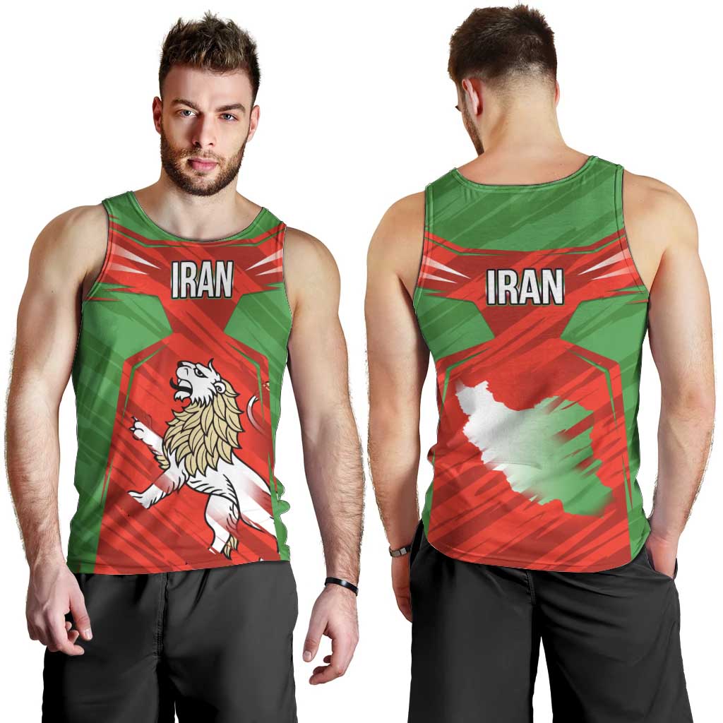 Iran National Pride Men Tank Top with Bold Lion Crest and Country Silhouette