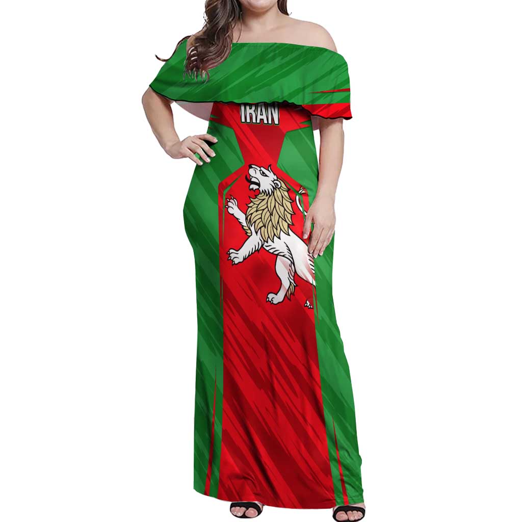 Iran National Pride Off Shoulder Maxi Dress with Bold Lion Crest and Country Silhouette