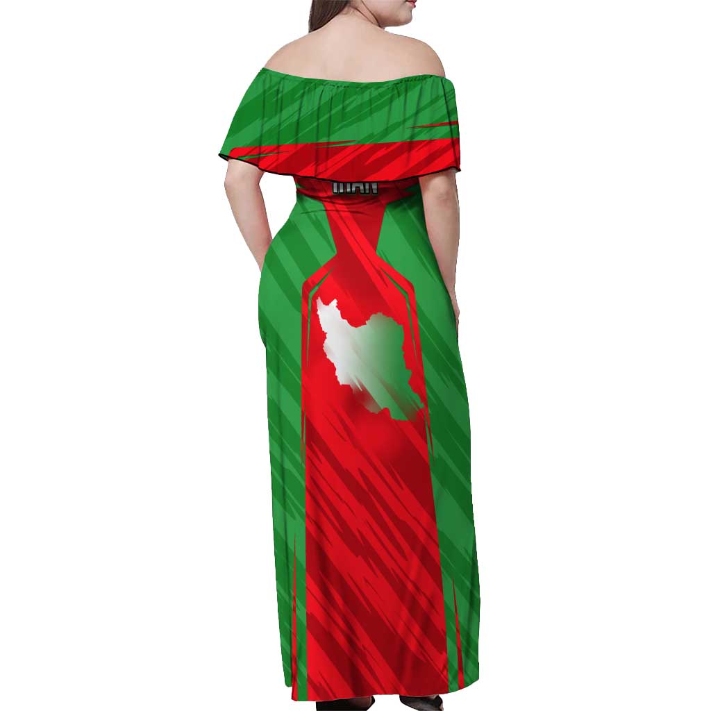 Iran National Pride Off Shoulder Maxi Dress with Bold Lion Crest and Country Silhouette