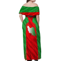 Iran National Pride Off Shoulder Maxi Dress with Bold Lion Crest and Country Silhouette
