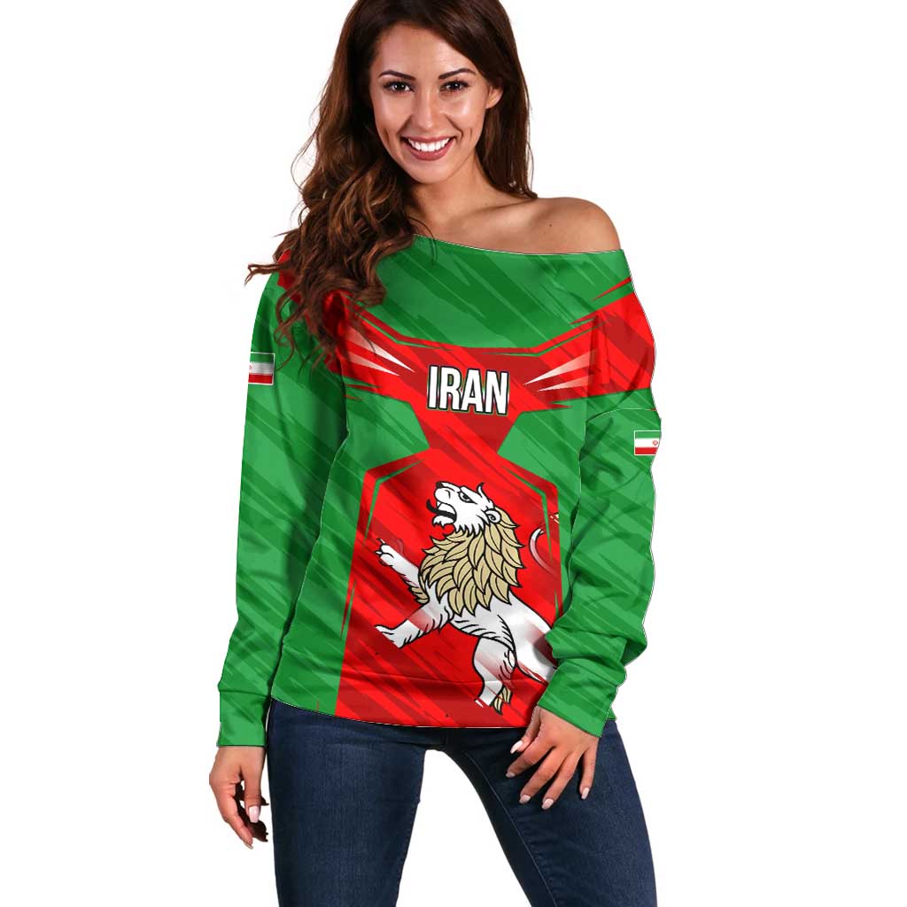 Iran National Pride Off Shoulder Sweater with Bold Lion Crest and Country Silhouette