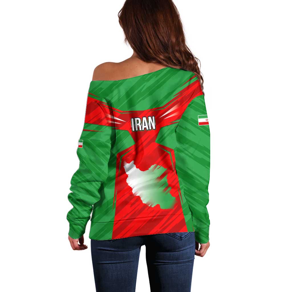 Iran National Pride Off Shoulder Sweater with Bold Lion Crest and Country Silhouette