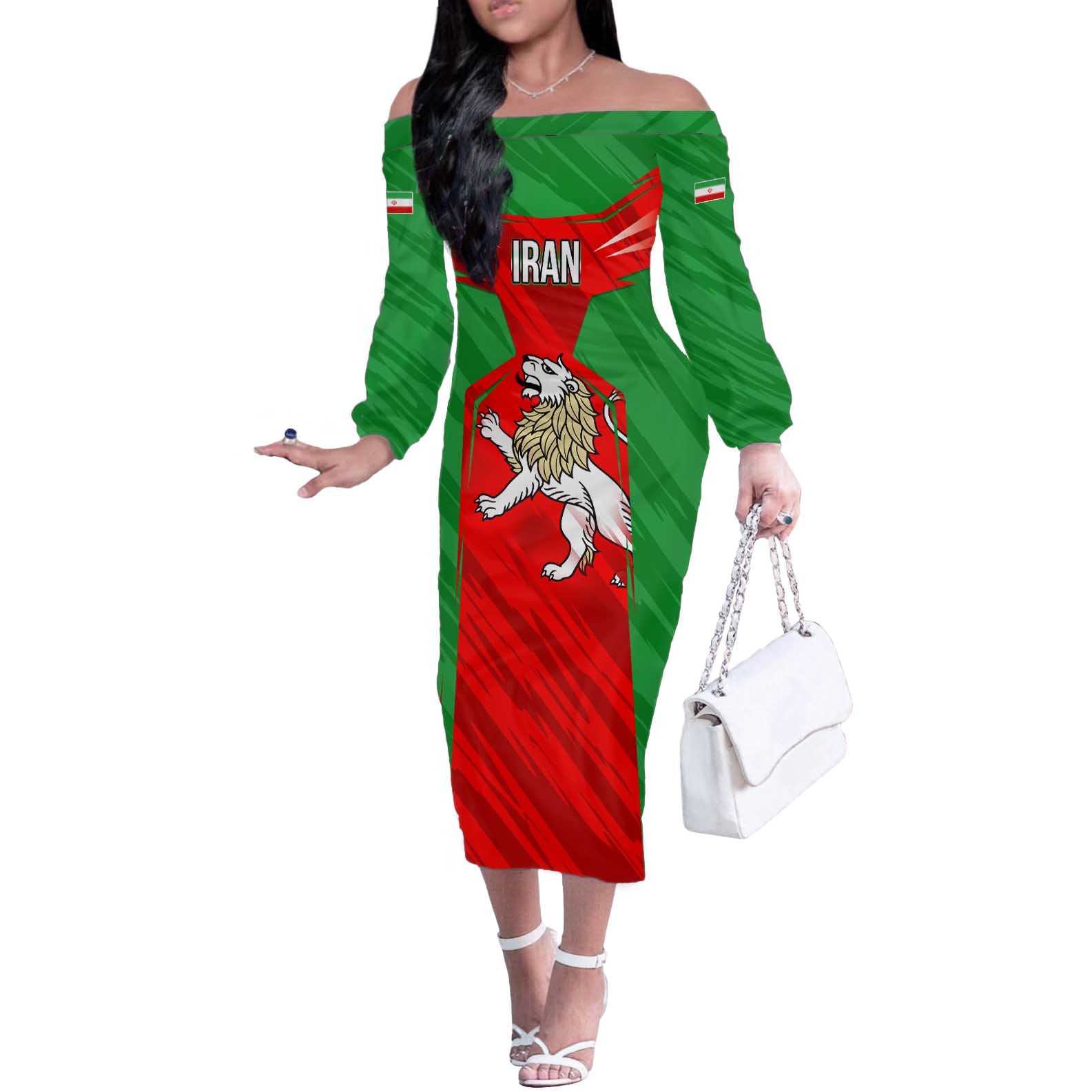 Iran National Pride Off The Shoulder Long Sleeve Dress with Bold Lion Crest and Country Silhouette