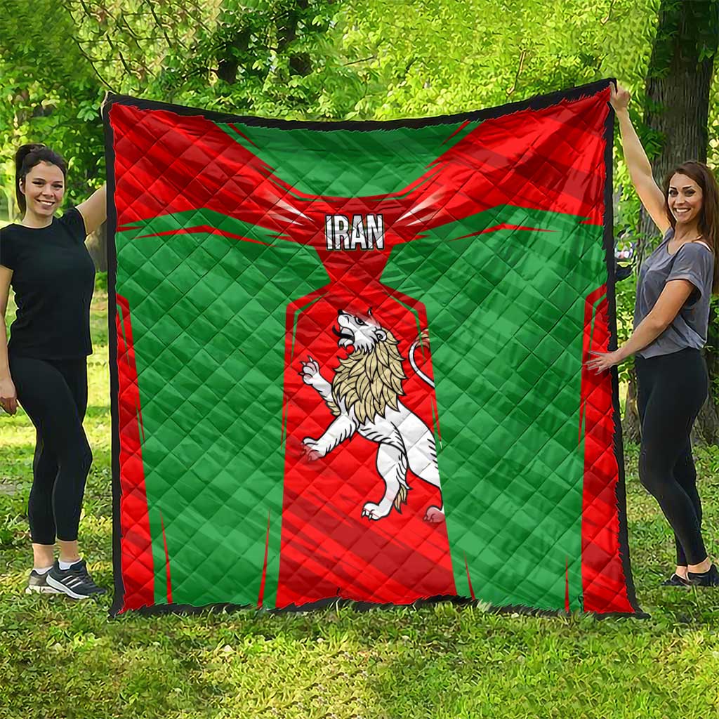 Iran National Pride Quilt with Bold Lion Crest and Country Silhouette