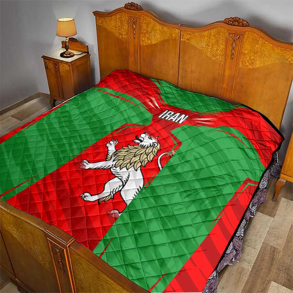 Iran National Pride Quilt with Bold Lion Crest and Country Silhouette