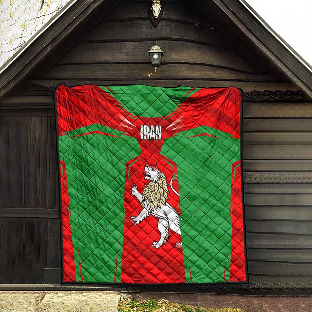 Iran National Pride Quilt with Bold Lion Crest and Country Silhouette