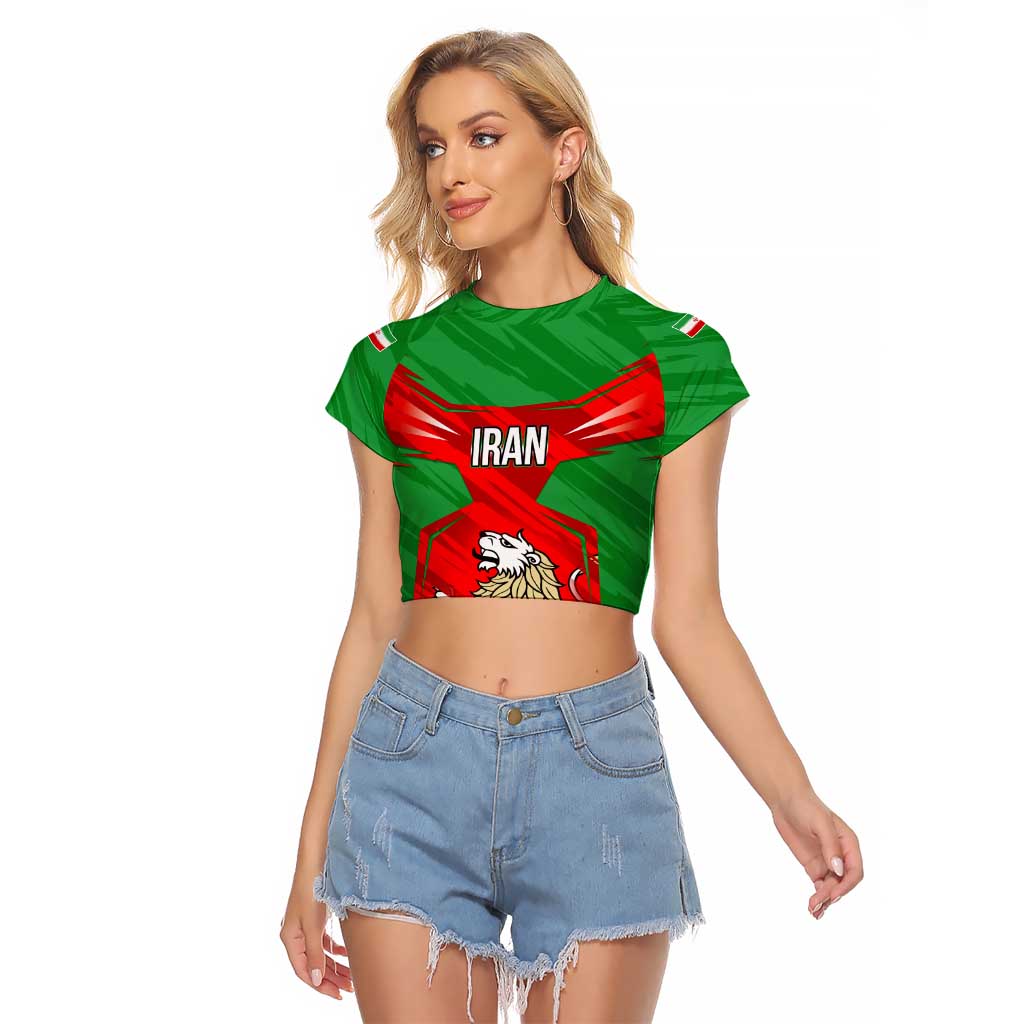 Iran National Pride Raglan Cropped T Shirt with Bold Lion Crest and Country Silhouette