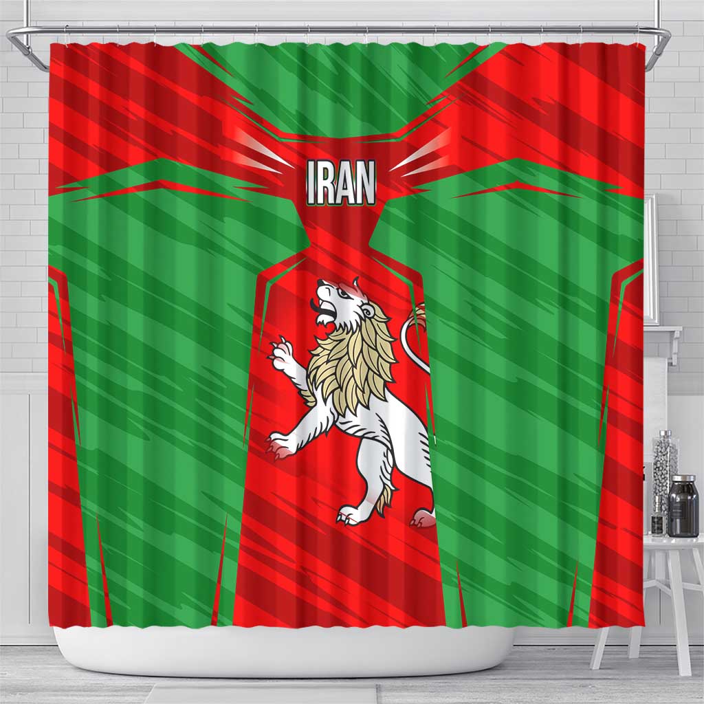 Iran National Pride Shower Curtain with Bold Lion Crest and Country Silhouette