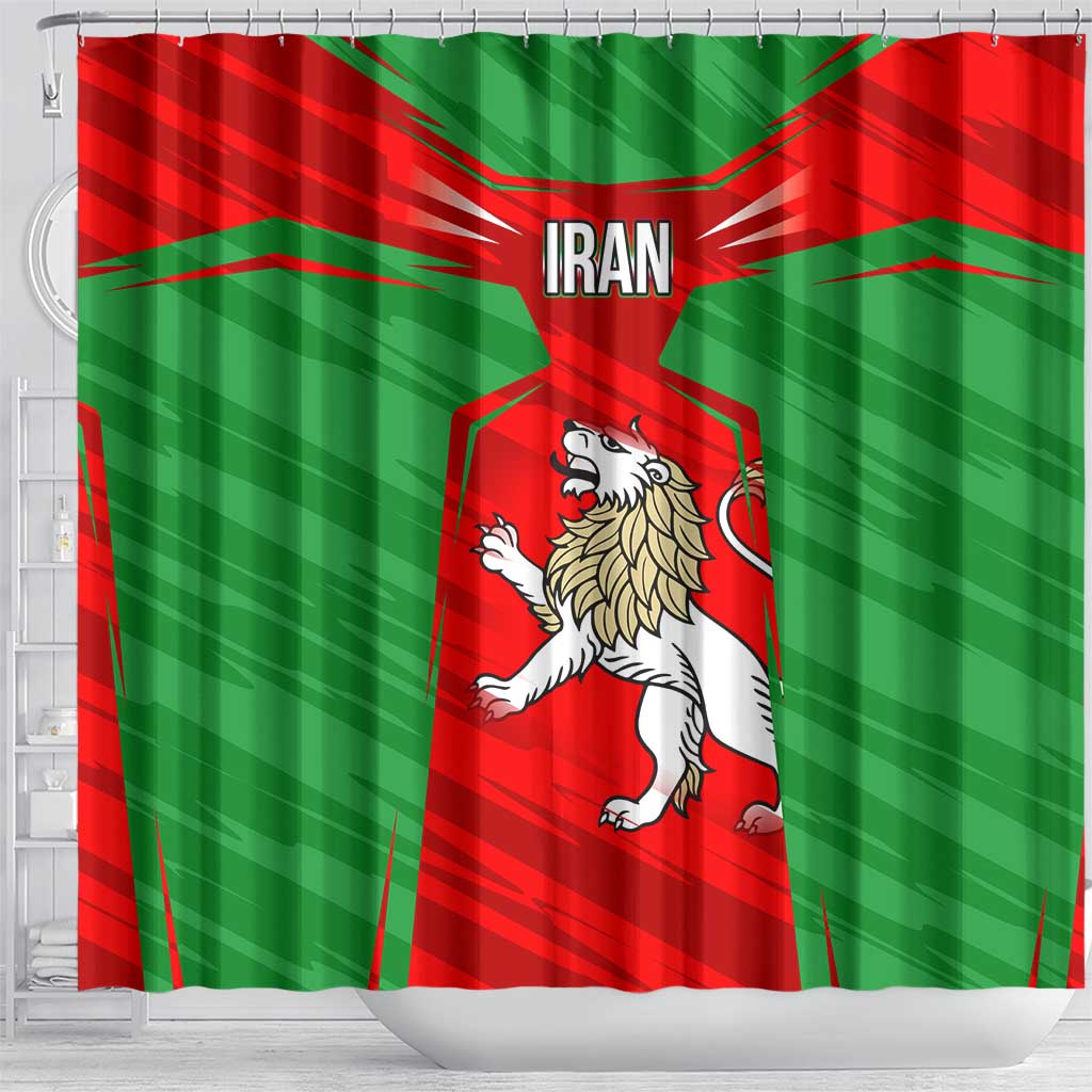 Iran National Pride Shower Curtain with Bold Lion Crest and Country Silhouette