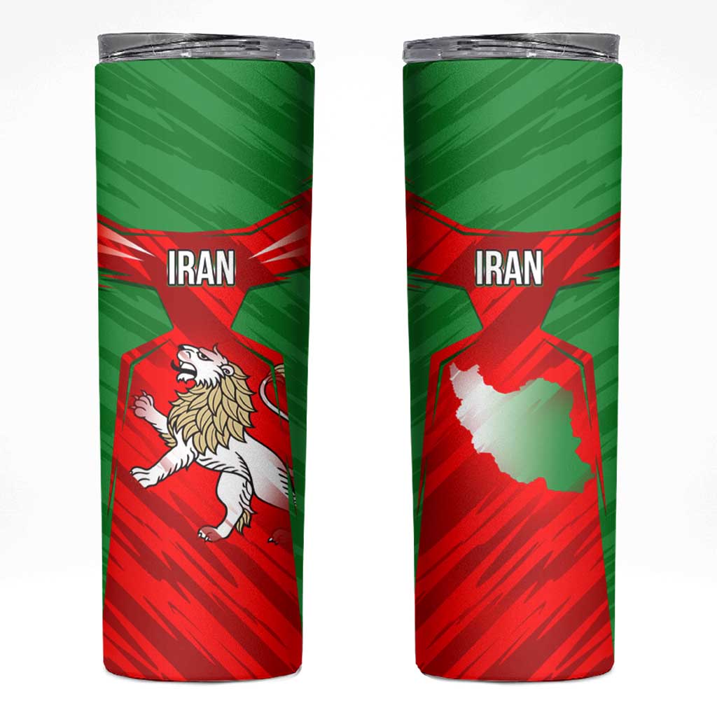 Iran National Pride Skinny Tumbler with Bold Lion Crest and Country Silhouette