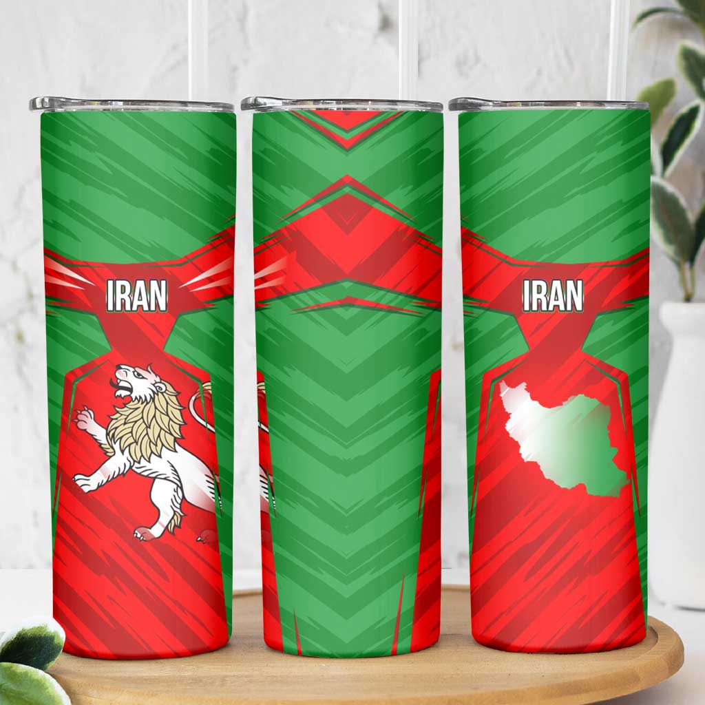 Iran National Pride Skinny Tumbler with Bold Lion Crest and Country Silhouette