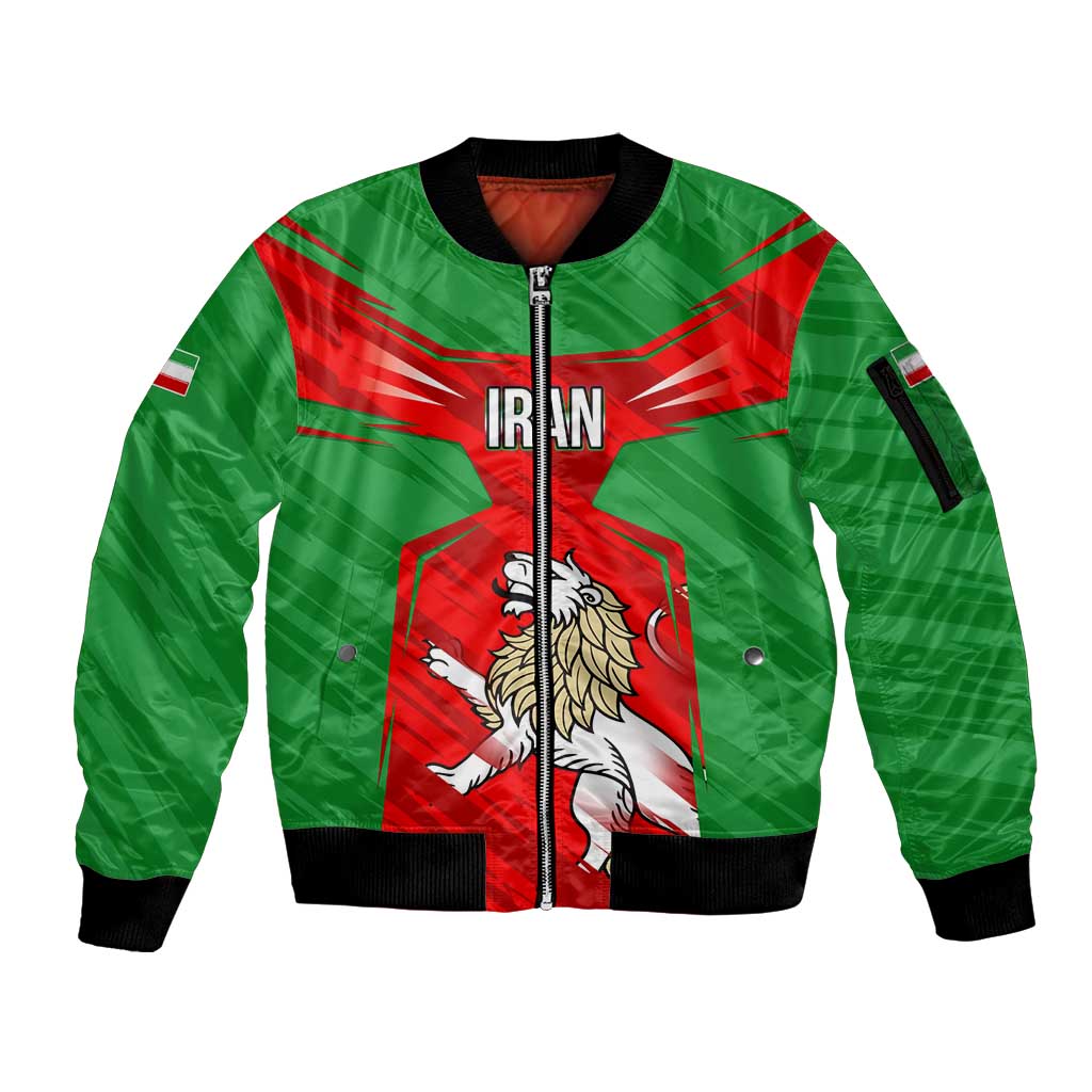 Iran National Pride Sleeve Zip Bomber Jacket with Bold Lion Crest and Country Silhouette