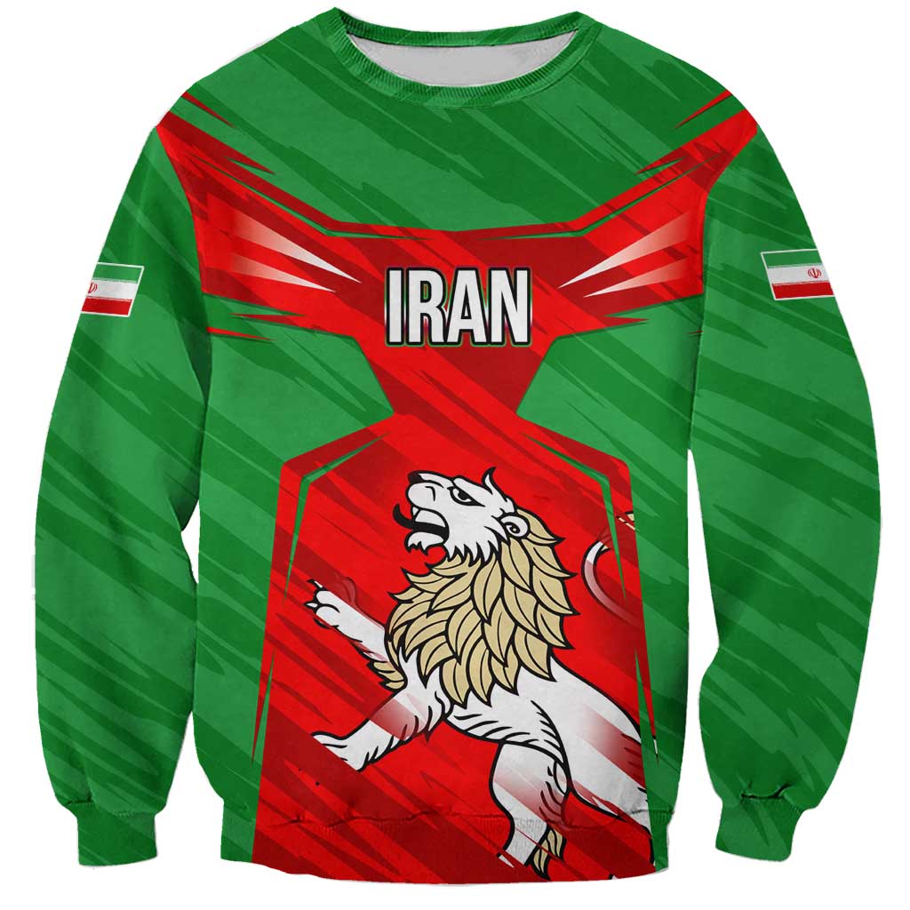 Iran National Pride Sweatshirt with Bold Lion Crest and Country Silhouette