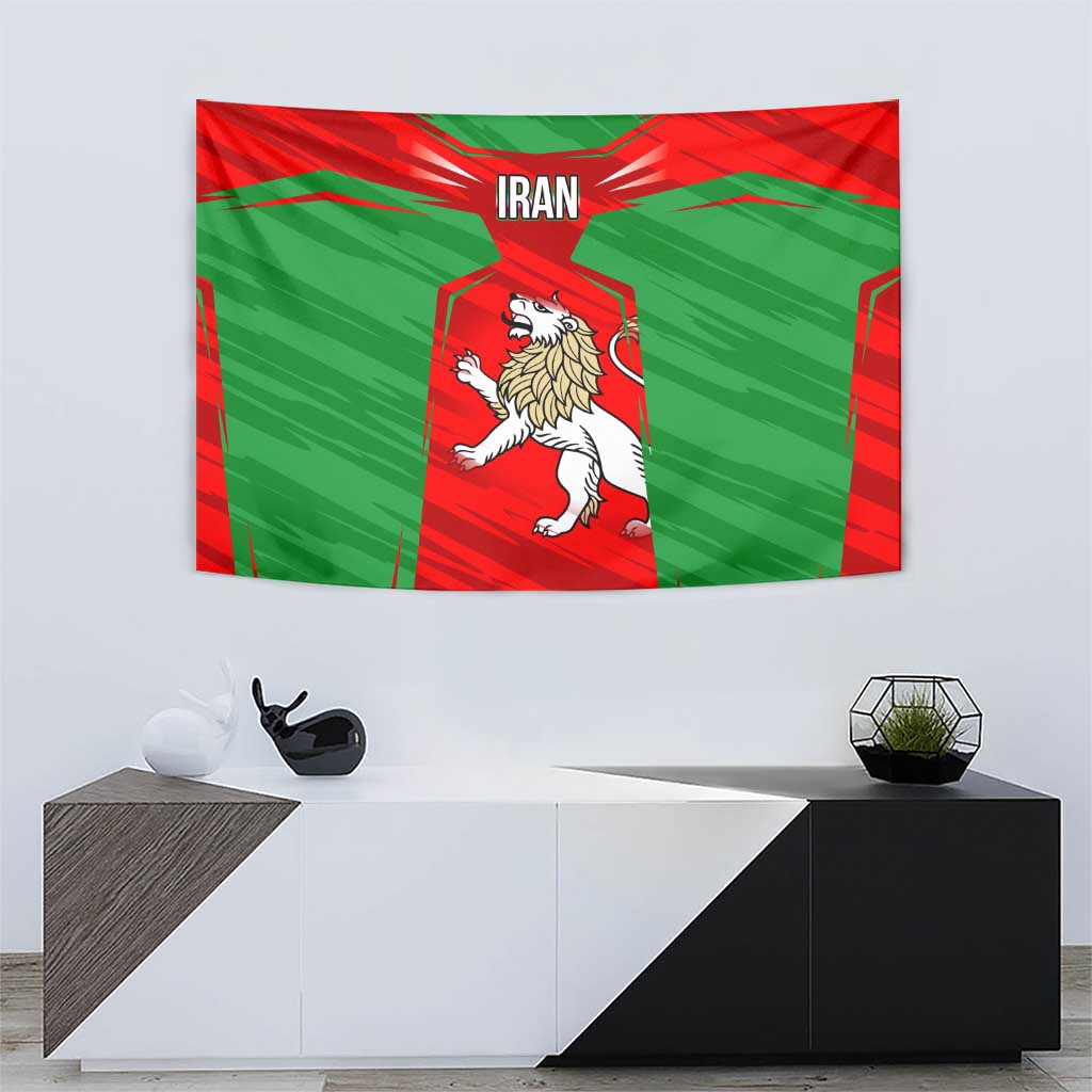 Iran National Pride Tapestry with Bold Lion Crest and Country Silhouette