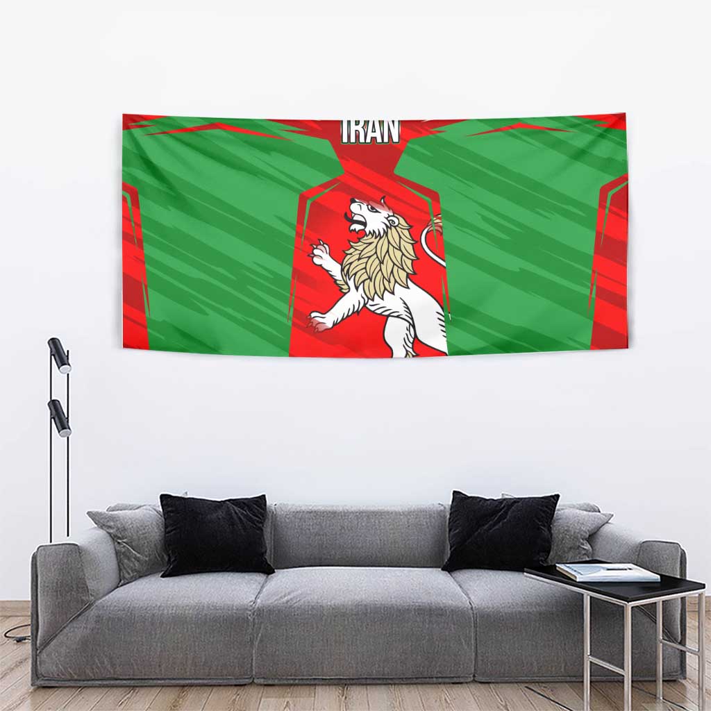 Iran National Pride Tapestry with Bold Lion Crest and Country Silhouette