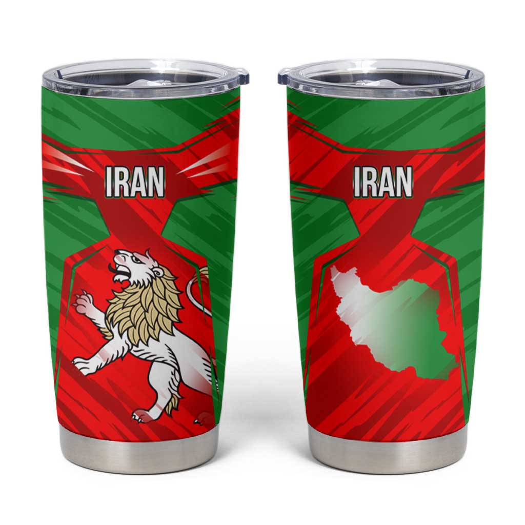 Iran National Pride Tumbler Cup with Bold Lion Crest and Country Silhouette