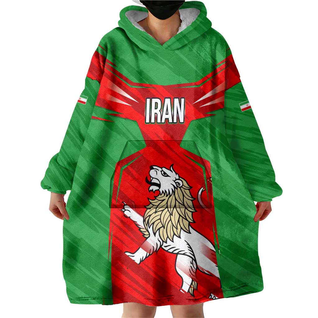 Iran National Pride Wearable Blanket Hoodie with Bold Lion Crest and Country Silhouette