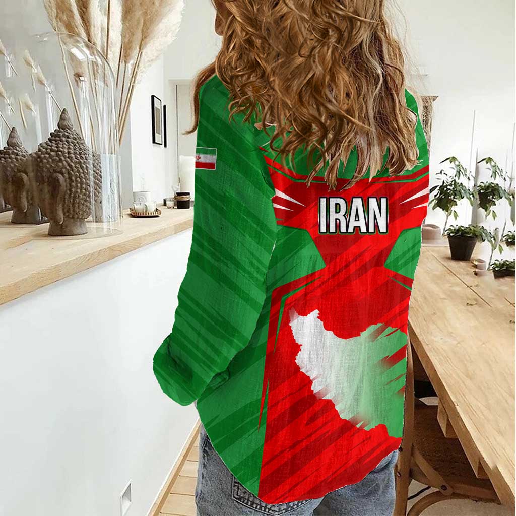Iran National Pride Women Casual Shirt with Bold Lion Crest and Country Silhouette