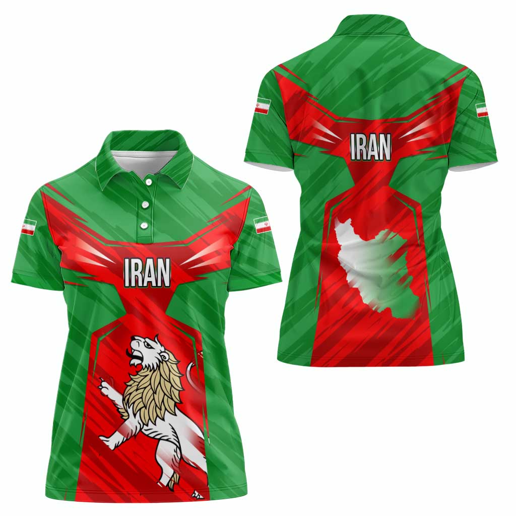 Iran National Pride Women Polo Shirt with Bold Lion Crest and Country Silhouette