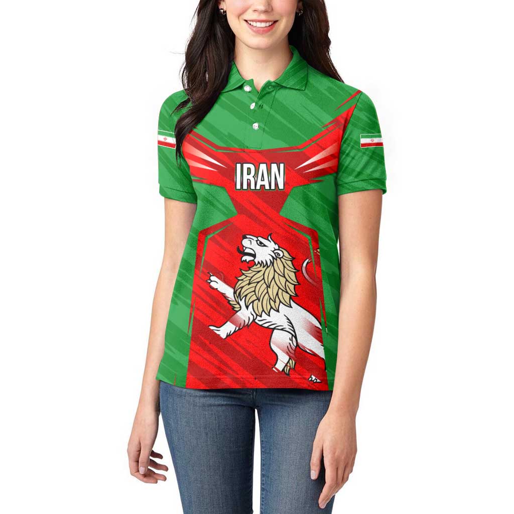 Iran National Pride Women Polo Shirt with Bold Lion Crest and Country Silhouette