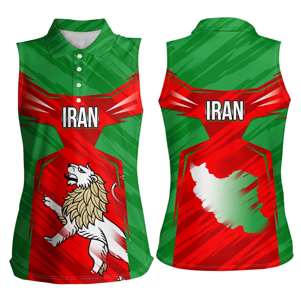 Iran National Pride Women Sleeveless Polo Shirt with Bold Lion Crest and Country Silhouette