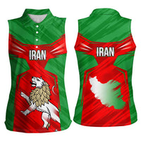 Iran National Pride Women Sleeveless Polo Shirt with Bold Lion Crest and Country Silhouette