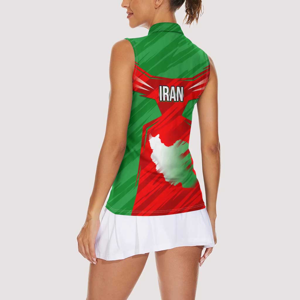 Iran National Pride Women Sleeveless Polo Shirt with Bold Lion Crest and Country Silhouette