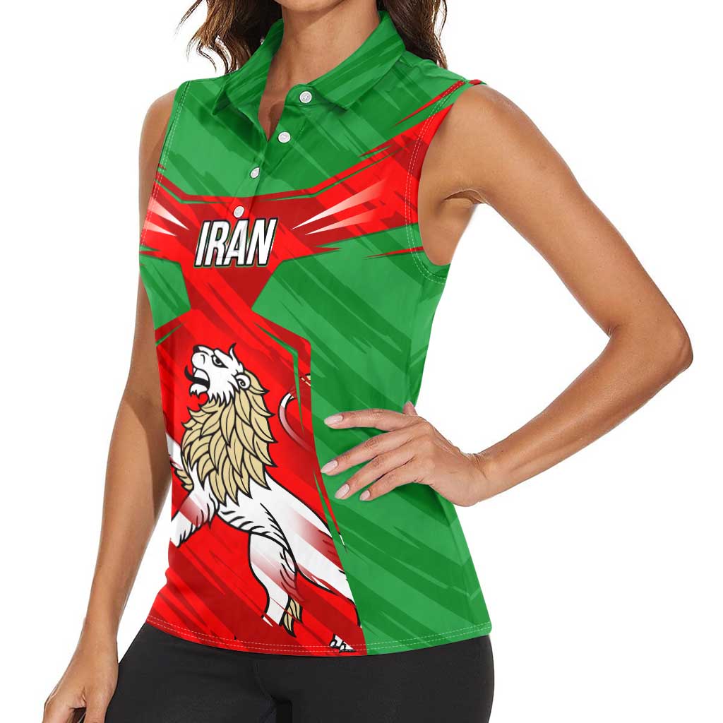 Iran National Pride Women Sleeveless Polo Shirt with Bold Lion Crest and Country Silhouette