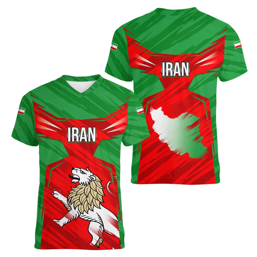 Iran National Pride Women V-Neck T-Shirt with Bold Lion Crest and Country Silhouette