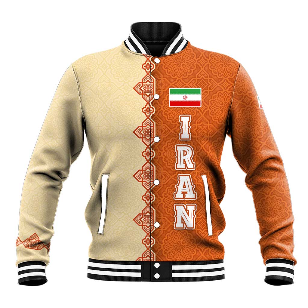 Iran Heritage Baseball Jacket with Traditional Pattern and Royal Emblem Design