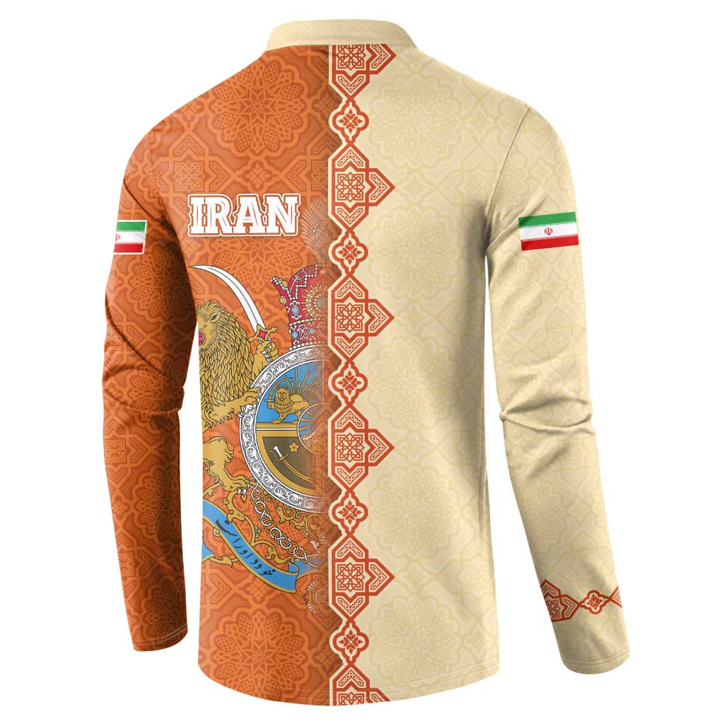 Iran Heritage Button Sweatshirt with Traditional Pattern and Royal Emblem Design