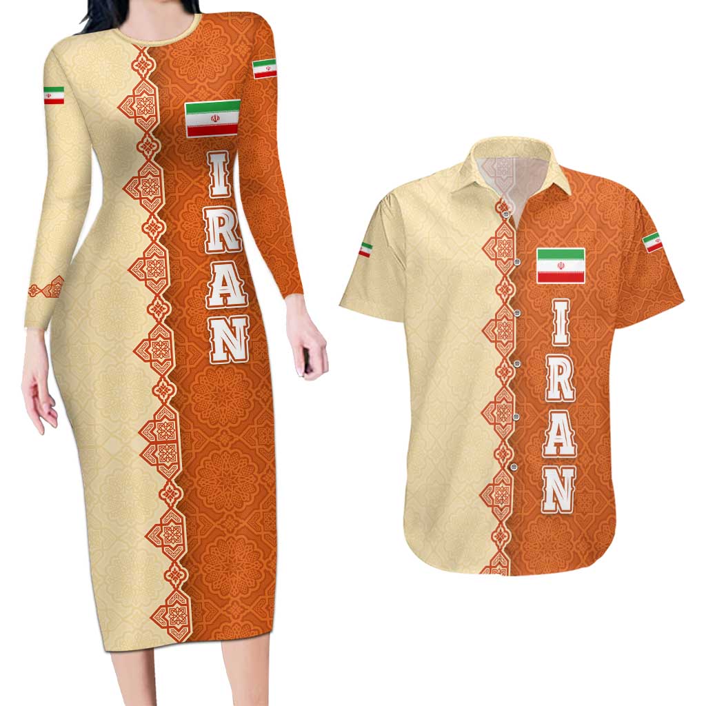 Iran Heritage Couples Matching Long Sleeve Bodycon Dress and Hawaiian Shirt with Traditional Pattern and Royal Emblem Design