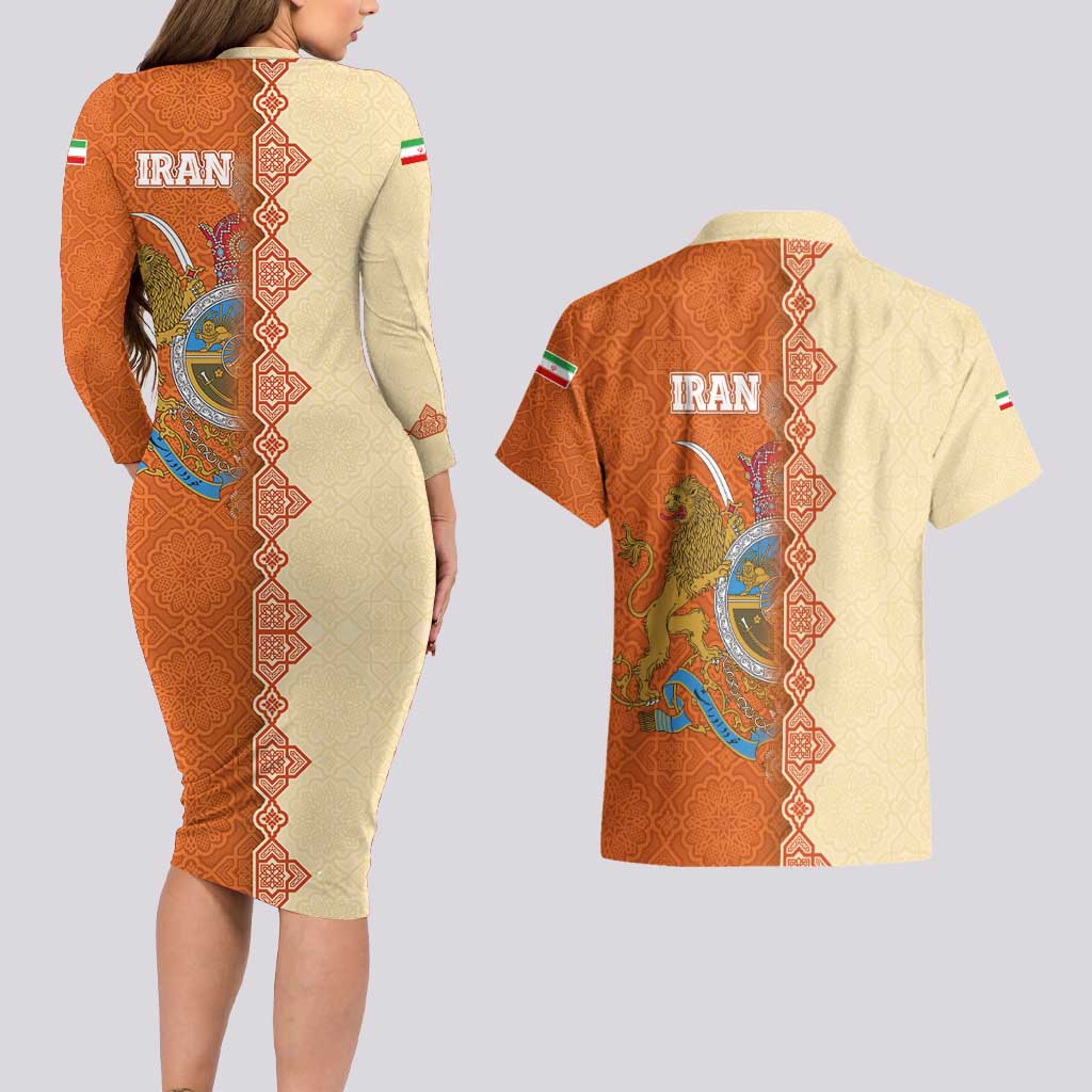 Iran Heritage Couples Matching Long Sleeve Bodycon Dress and Hawaiian Shirt with Traditional Pattern and Royal Emblem Design