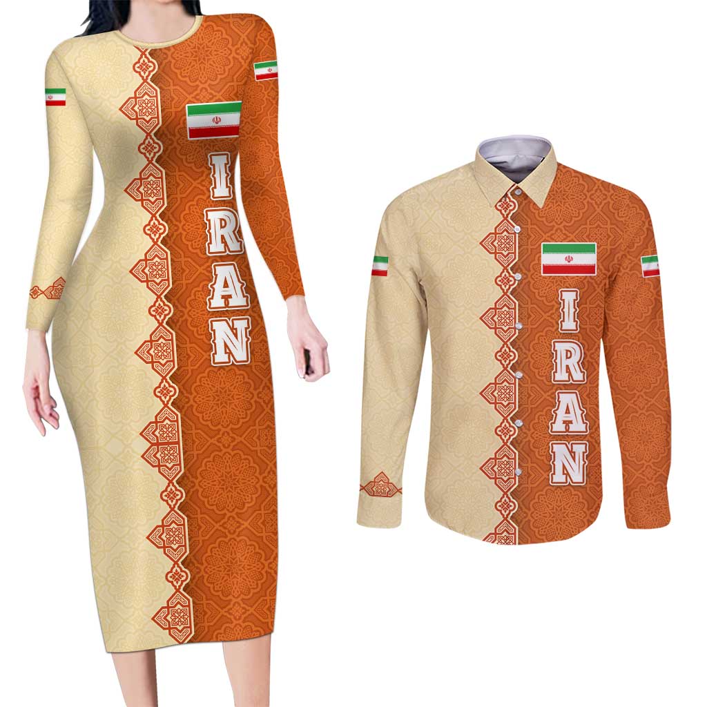 Iran Heritage Couples Matching Long Sleeve Bodycon Dress and Long Sleeve Button Shirt with Traditional Pattern and Royal Emblem Design