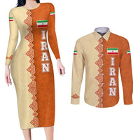 Iran Heritage Couples Matching Long Sleeve Bodycon Dress and Long Sleeve Button Shirt with Traditional Pattern and Royal Emblem Design