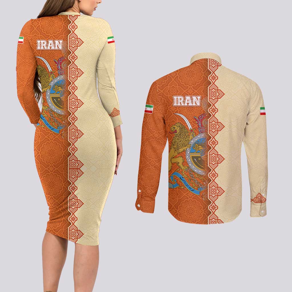 Iran Heritage Couples Matching Long Sleeve Bodycon Dress and Long Sleeve Button Shirt with Traditional Pattern and Royal Emblem Design