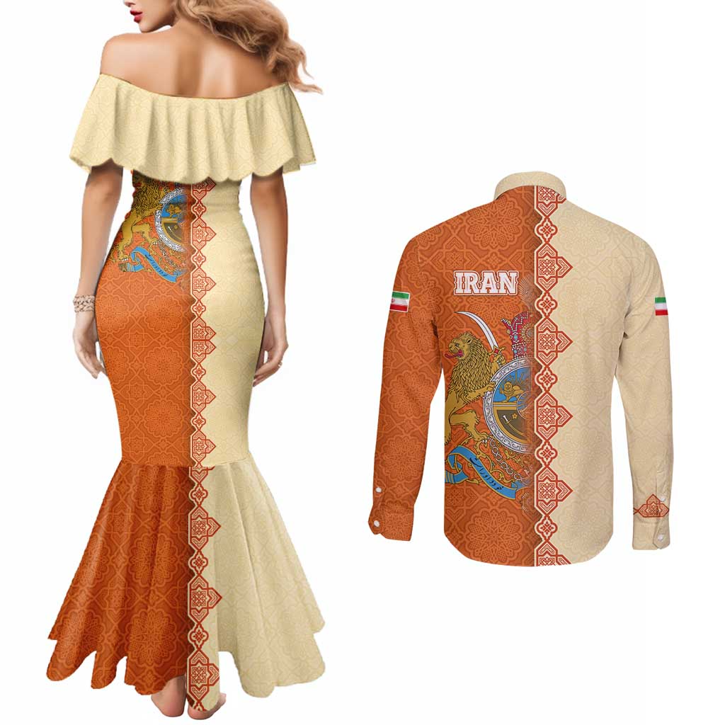 Iran Heritage Couples Matching Mermaid Dress and Long Sleeve Button Shirt with Traditional Pattern and Royal Emblem Design