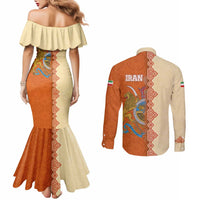 Iran Heritage Couples Matching Mermaid Dress and Long Sleeve Button Shirt with Traditional Pattern and Royal Emblem Design