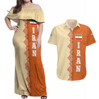 Iran Heritage Couples Matching Off Shoulder Maxi Dress and Hawaiian Shirt with Traditional Pattern and Royal Emblem Design