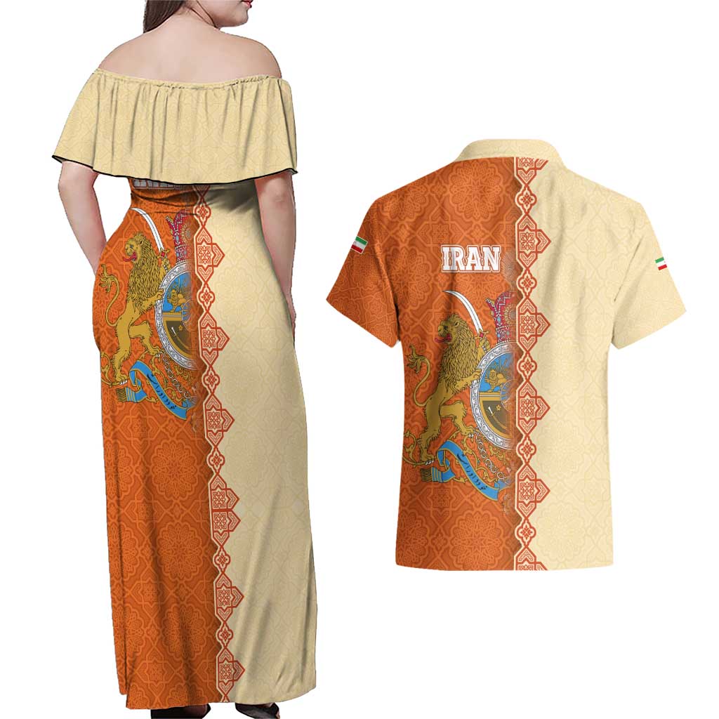 Iran Heritage Couples Matching Off Shoulder Maxi Dress and Hawaiian Shirt with Traditional Pattern and Royal Emblem Design