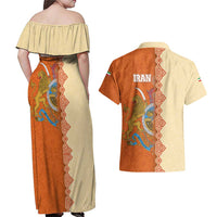 Iran Heritage Couples Matching Off Shoulder Maxi Dress and Hawaiian Shirt with Traditional Pattern and Royal Emblem Design