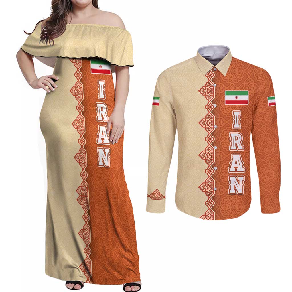 Iran Heritage Couples Matching Off Shoulder Maxi Dress and Long Sleeve Button Shirt with Traditional Pattern and Royal Emblem Design