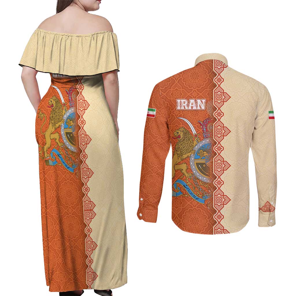 Iran Heritage Couples Matching Off Shoulder Maxi Dress and Long Sleeve Button Shirt with Traditional Pattern and Royal Emblem Design