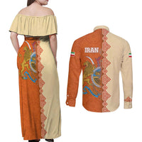 Iran Heritage Couples Matching Off Shoulder Maxi Dress and Long Sleeve Button Shirt with Traditional Pattern and Royal Emblem Design