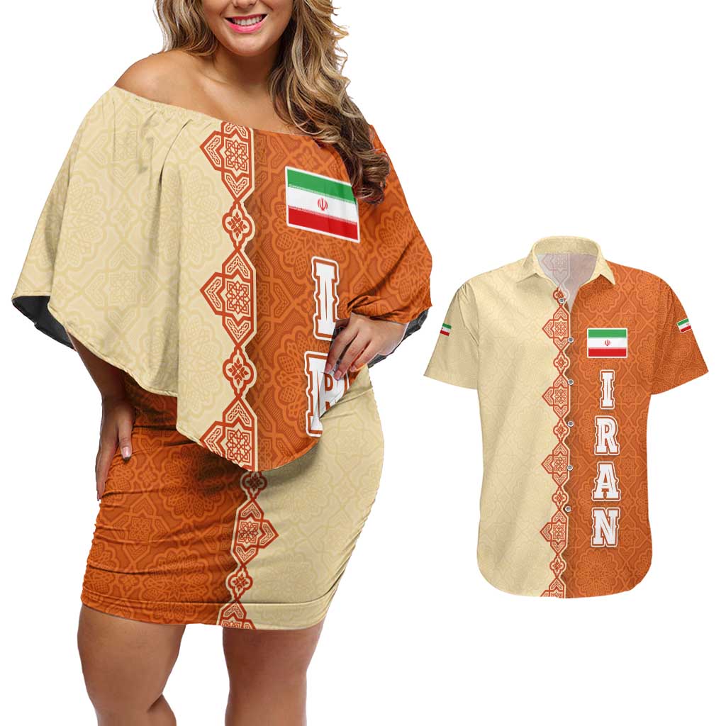 Iran Heritage Couples Matching Off Shoulder Short Dress and Hawaiian Shirt with Traditional Pattern and Royal Emblem Design